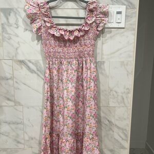 Pink Floral Maxi Dress with Ruffle Neckline